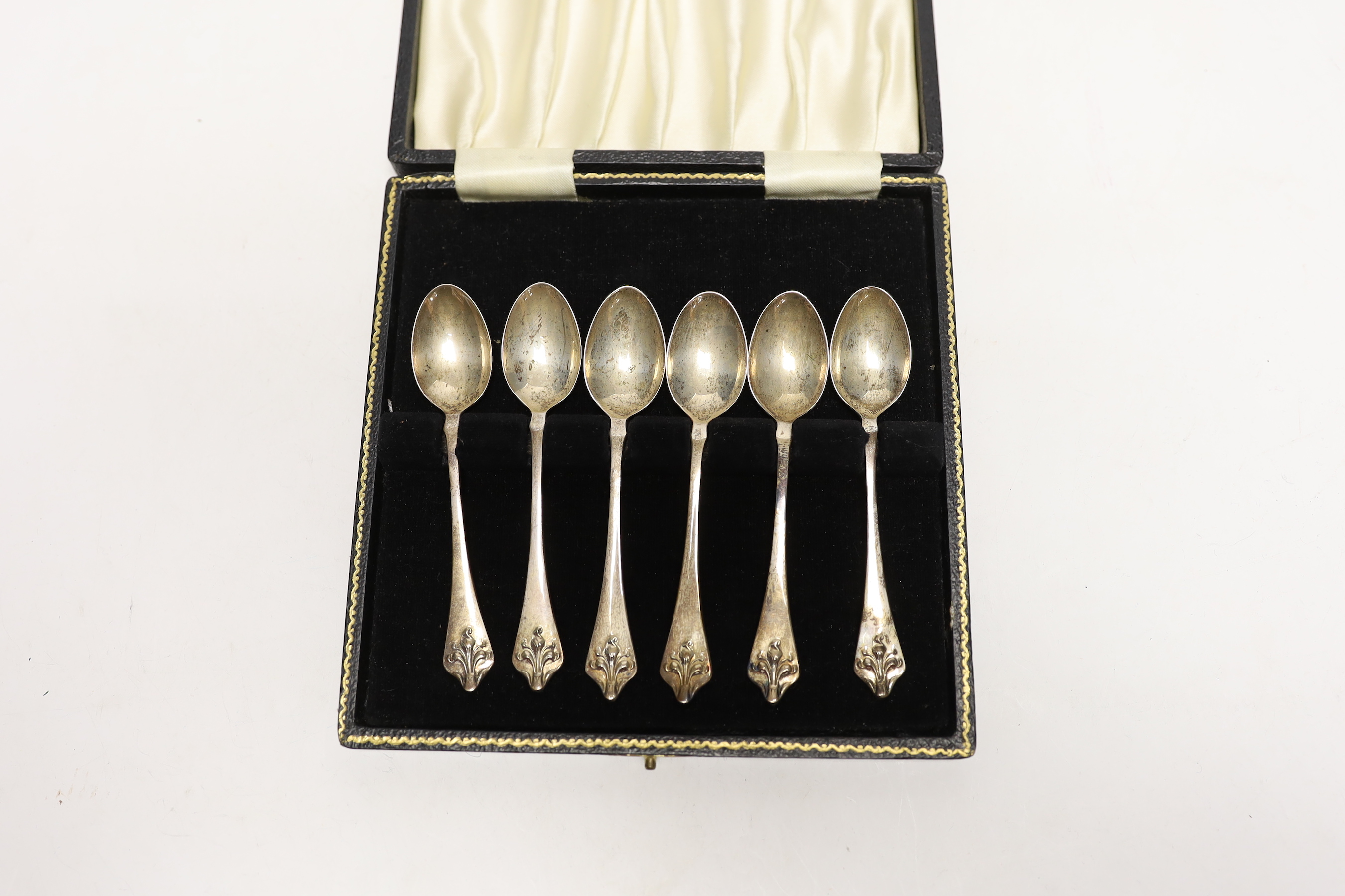 A cased set of six silver coffee spoons, a cased pair of 1920's preserve spoons and other sundry flatware.